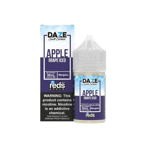 A 30 mL bottle of Reds Apple by 7 Daze brand Salt Series apple grape iced-flavored ejuice. The packaging contains the warning, 
