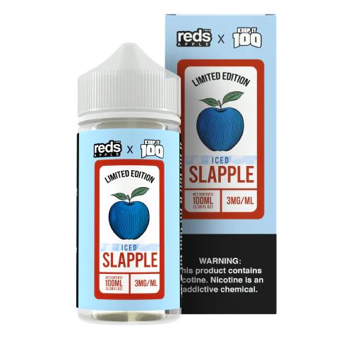 A 100 mL bottle of Reds x Keep It 100 iced slapple-flavored ejuice. The packaging contains the warning, 