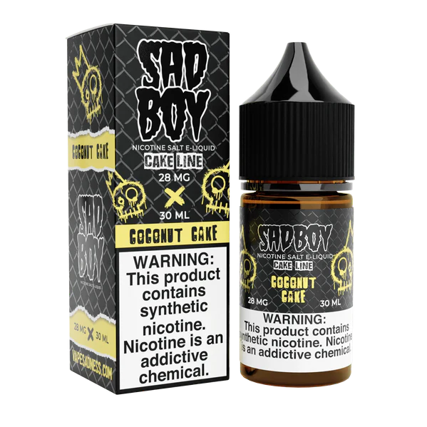 Sadboy_30mL_CoconutCake Sadboy Coconut Cake 30ml Nic Salt Vape bottle and box